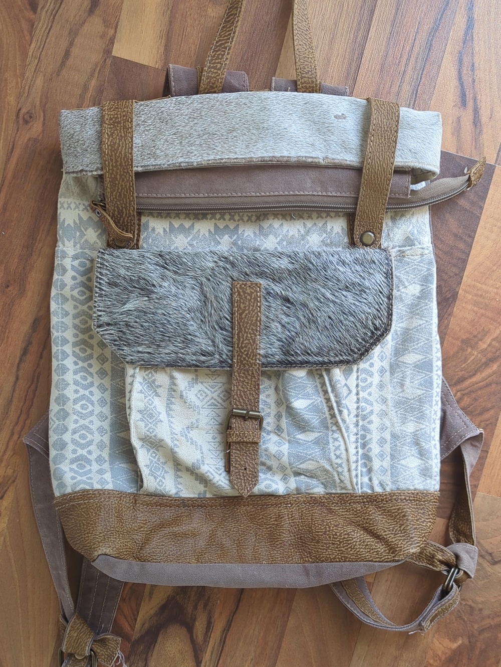 Myra Backpack -Canvas and Faux Fur Accent in Beige, Brown, and Gray